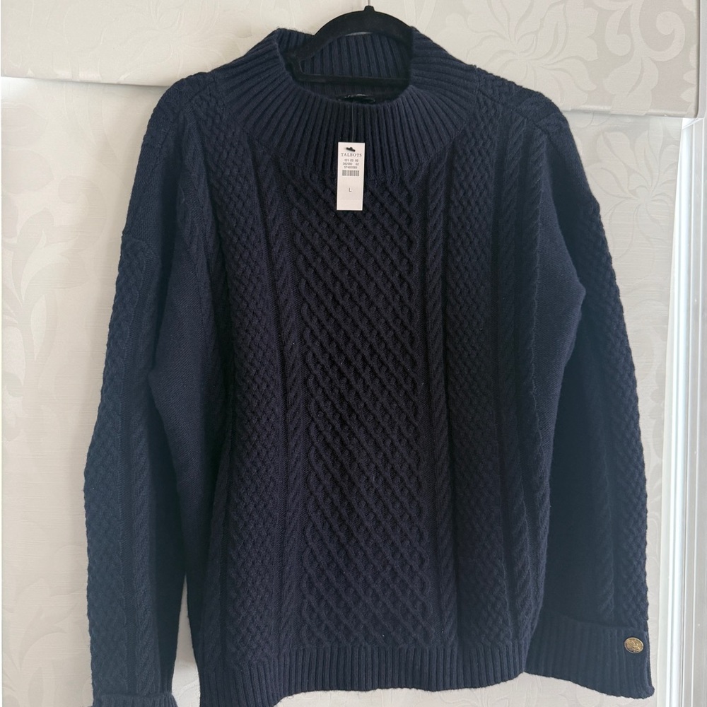 NWT Talbots Cable Knit Button Cuff Navy Sweater (Size: Large)
